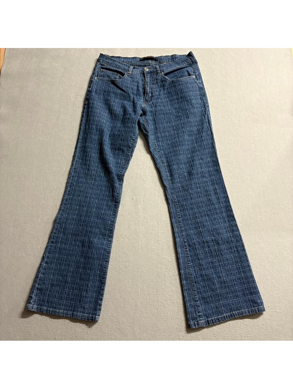 Starwear Jeans Womens 13/14 Blue Grid Pattern Stretch Denim Bootcut Flare Pants